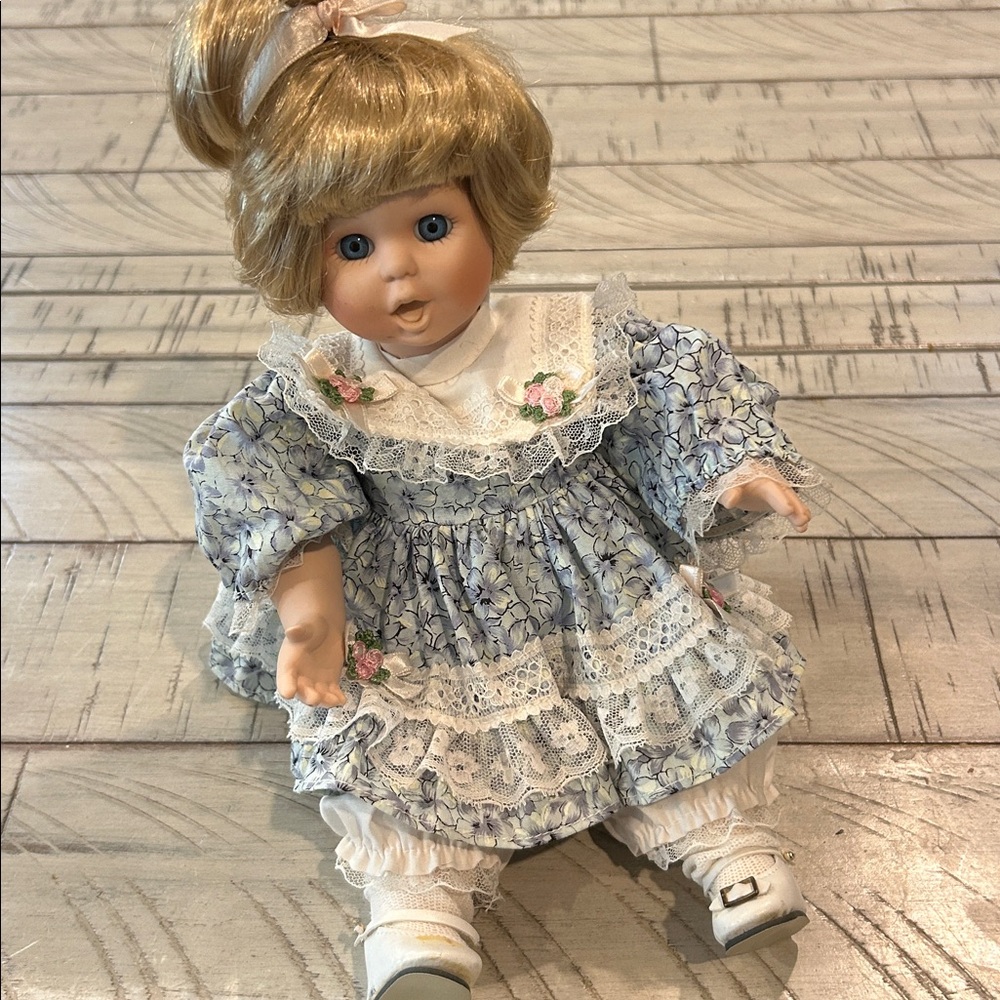 Collectible Porcelain Blonde Doll with Music Box  Lace Trimmed Dress & Bloomers - Picture 4 of 13